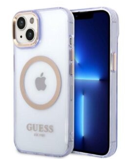 GUESS iPhone 14 Skal MagSafe Gold Outline Translucent - Lila