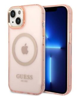 GUESS iPhone 14 Skal MagSafe Gold Outline Translucent - Rosa
