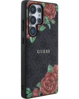 Guess läder 4G blommor tryck metall klassisk logotyp MagSafe Samsung Galaxy S25 Ultra mobilskal svart