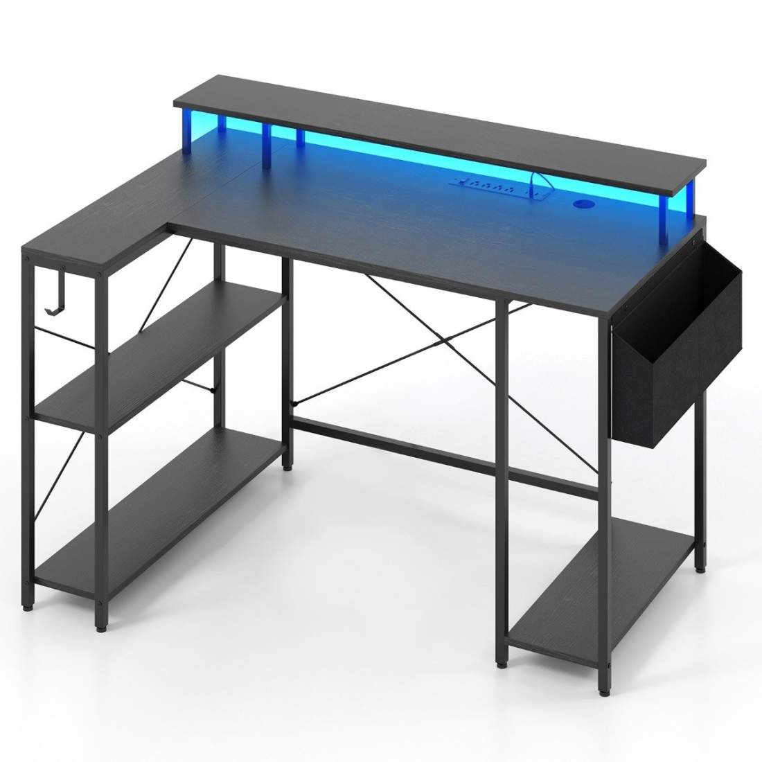 L-format skrivbord med eluttag & LED-belysning speldator skrivbord svart